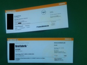 Eintrittskarte für Coppelius Tour 2016 am Samstag den 24.09.2016 20 Uhr im MS Connexion Complex, Mannheim Preis: 19,80 freie Platzwahl und Eintrittskarte für Eivør in der Brotfabrik am Sonntag, den 20.11.2016 - 20 Uhr Preis; 21,30 €
