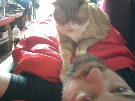 Mein Kater Jago liegt auf mir, auf einer roten Zudecke