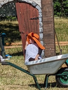 Das dicke Schaf von Shaun das Schaf sitzt zusammengekauert hinter einer Schubkarre, und lunst unter einem großem Hut hervor.
