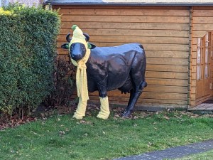Kuhstatue mit gelben Vorderpfoten-Schonern und gelben Strickmützenschal