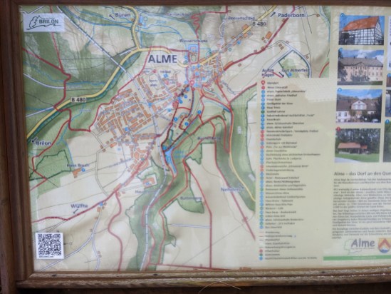 Übersichtskarte vom Ort Alme, mit Straßennamen und nummerierten Örtlichkeiten 