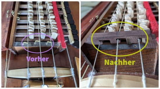 Links die Melodiesaitenabsteller aus Metall, rechts die Holzbrückenlösung Links steht "Vorher" - Rechts steht "Nachher"