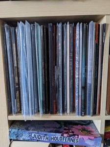 Regalfach voller Schallplatten, teilweise in extra Schutzhüllen Darunter im Fach liegt jetzt die Box von Judith Holofernes