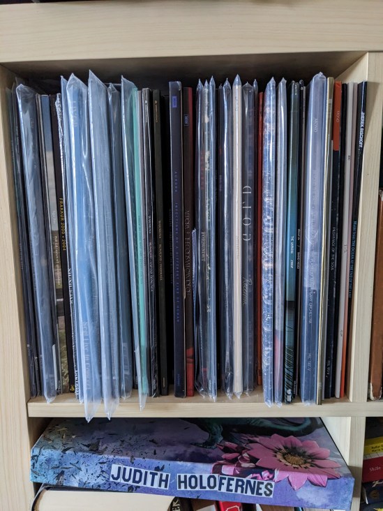 Regalfach voller Schallplatten, teilweise in extra Schutzhüllen Darunter im Fach liegt jetzt die Box von Judith Holofernes