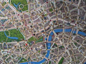 Das Spielfeld von Scotland Yard - ein bunter London-Stadtplan, bei dem die ganzen Kreuzungen mit Zahlen durchnummeriert sind und dazwischen farbige Straßenmarkierungen diese Kreuzungen verbinden. Gelbe Straßenverbindungen sind die Taxistrecken, Grün ist Bus und Rot U-Bahn.