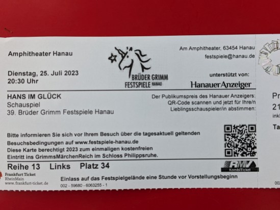 Eintrittskarte zu "Hans im Glück" am Dienstag, 25. Juli 2023 um 20:30 Uhr - Reihe 13 Links Platz 34