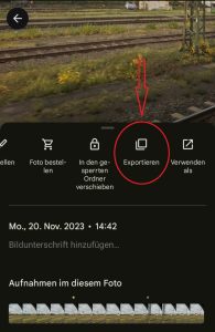 Screenshot des hochgeschobenen Fotos. Nun sind die Funktionen Foto bestellen, in den gesperrten Ordner verschieben, Exportieren und Verwenden als zu sehen. Exportieren ist mit einem roten Kreis und einem roten Pfeil markiert,