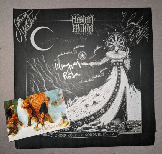 Cover der Platte Undir Köldum Norðurljósum von der Band Kælan Mikla Das Cover ist Schwarz, mit der Eisfrau aus den Mumin-Geschichten, der "Kælan Mikla", die mit ihrem Kleid die Landschaft mit Schnee und Eis überdeckt. Über ihrer rechten Hand schwebt ein siebenzackicker Stern in einem Kreis - wie eine Art Schneeflocke - und sie trägt eine siebenzackicke Krone. Der Schriftzug von Kælan Mikla und dem Titel ist in silber geschreiben, in der selben Farbe wie die 3 Nordlichter auf dem Cover. Außerdem ist das Cover mit allen drei Autogrammen der Musikerinnen unterschrieben - und links ist noch eine eine Weihnachtskarte, in der Kinder im Schnee spielen und einen Schneemann bauen.