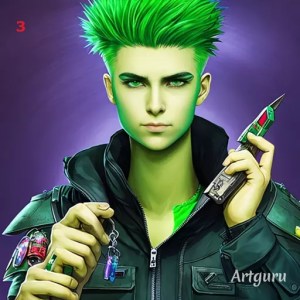 Bildvariante von Rotor: Junger Mann, Mitte 20, mit grünem, stacheligem Haar für Shadowrun (in diesem Fall mit AI-Fehler in der rechten Hand. Es sind sozusagen eineinhalb Hände.)