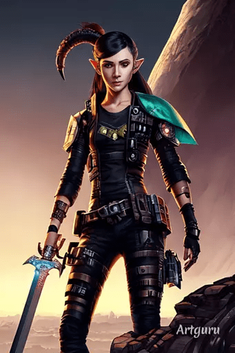 Elfe mit spitzen Ohren und Schwert für Shadowrun - mit einem seltsamen Horn aus dem Kopf