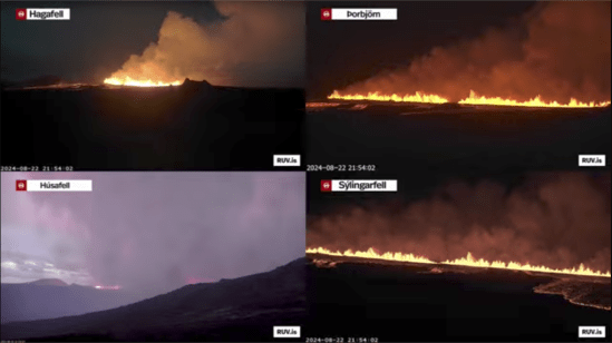 Bildschirmfoto der Eruption vom 22.08.2024 Livestream von RÚV, Grindavík - Mosaic. Es sind die 4 Bilder des Livestreams auf einmal zu sehen. Oben links der Stream von Hagafell. In der Mitte dieses Streams ist eine längere Feuerlinie in der Mitte des Bildschirms zu sehen. Oben rechts der Stream von Þorbjörn. Eine lange Feuerlinie zieht sich durch die Bildschirmmitte. Unten links der Stream von Húsafell. Hier ist es noch nicht ganz so dunkel wie auf den anderen Streambildern. Es ist hauptsächlich Qualm zu erkennen im Hintergrund, mit einem Hauch von Feuer unten. Unten rechts der Stream von Sýlingarfell, Auch hier zieht sich eine Feuerlinie einmal durch die Mitte des Bildes. Die erkennbare Uhrzeit bei den Streams ist: 2024-08-22 21:54:02 In allen Streambildern steht unten rechts RUV.is