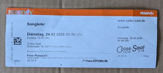 Eintrittskarte für Konzert von Songleikr am Dienstag, den 24.02.2026 - 20 Uhr im Colos-Saal, Aschaffenburg Preis 28,50